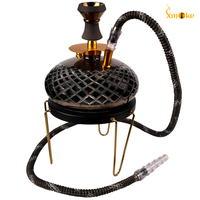 XMOKE GLOBE HOOKAH WITH STAND, CHILLUM, HOSE PIPE, TONG (GOLD COLOR)